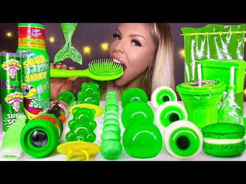 ASMR *GREEN FOOD* APPLE JELLY, EDIBLE TEDDY BEAR, HAIR BRUSH, SOUR CANDY, SHEET JELLY MUKBANG 먹방