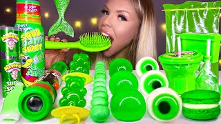 ASMR *GREEN FOOD* APPLE JELLY, EDIBLE TEDDY BEAR, HAIR BRUSH, SOUR CANDY, SHEET JELLY MUKBANG 먹방