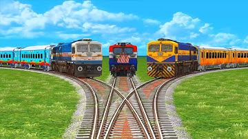 3 Colorful train risky crossing On Fork Road One by one At line Same Railroad Track #11 BeamNG.Drive