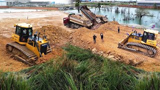 Ep17| Incredible!! Experts push out mud The Middle Space to build Landfilling BY Bulldozer & Trucks