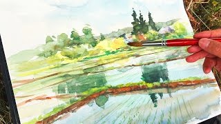 [ Eng sub ] Watercolor Tutorial | How to paint a landscape - Paddy field 水彩画の基本〜田園風景を描くコツ 4分講座