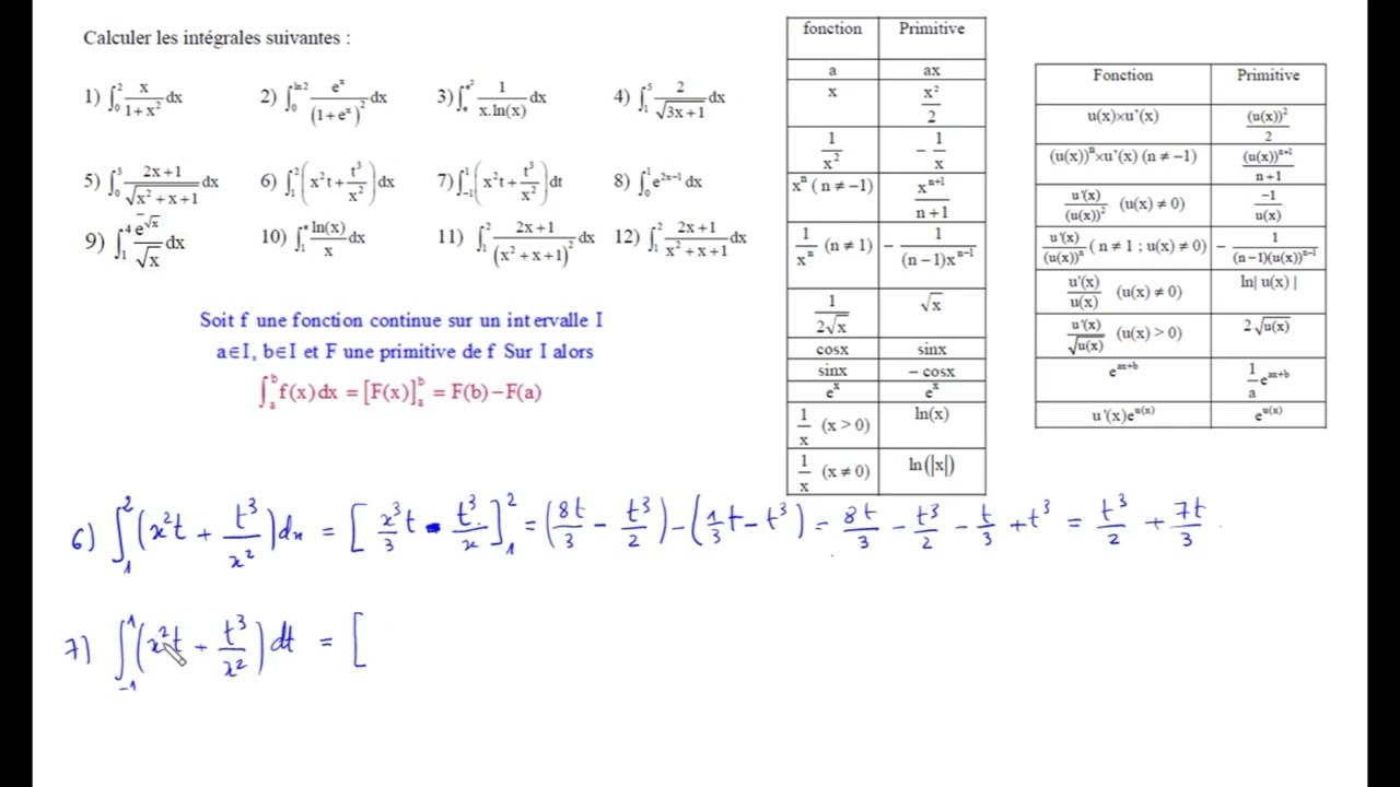Calcul d'intégrales à l'aide de primitives et integration par parties.