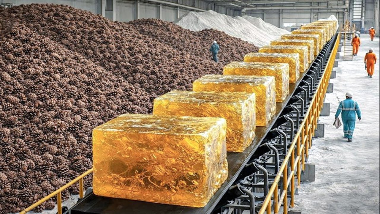 Blick ins Innere einer riesigen Kiefernholzfabrik – Harz, Kerne & Ernte