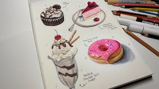 Draw with me | Dessert Illustrations 🧁 Using Alcohol Markers & Color Pencils