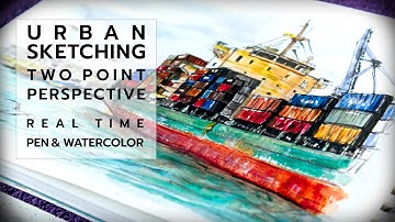 URBAN SKETCHING | Simple Two Point Perspective Harbor Scene Tips | Pen Ink & Watercolor |  Real Time