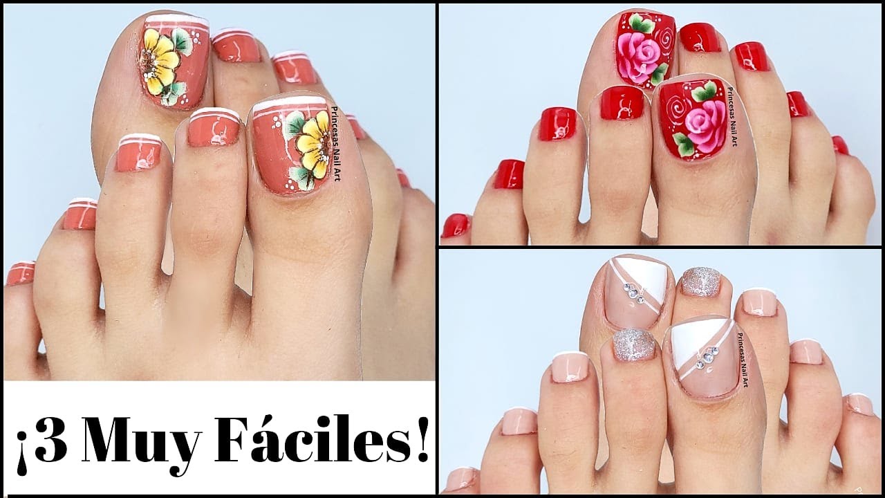 🔴3 DECORACIONES de UÑAS de PIES FACILES PASO a PASO - UÑAS FRANCESAS con FLORES 💐