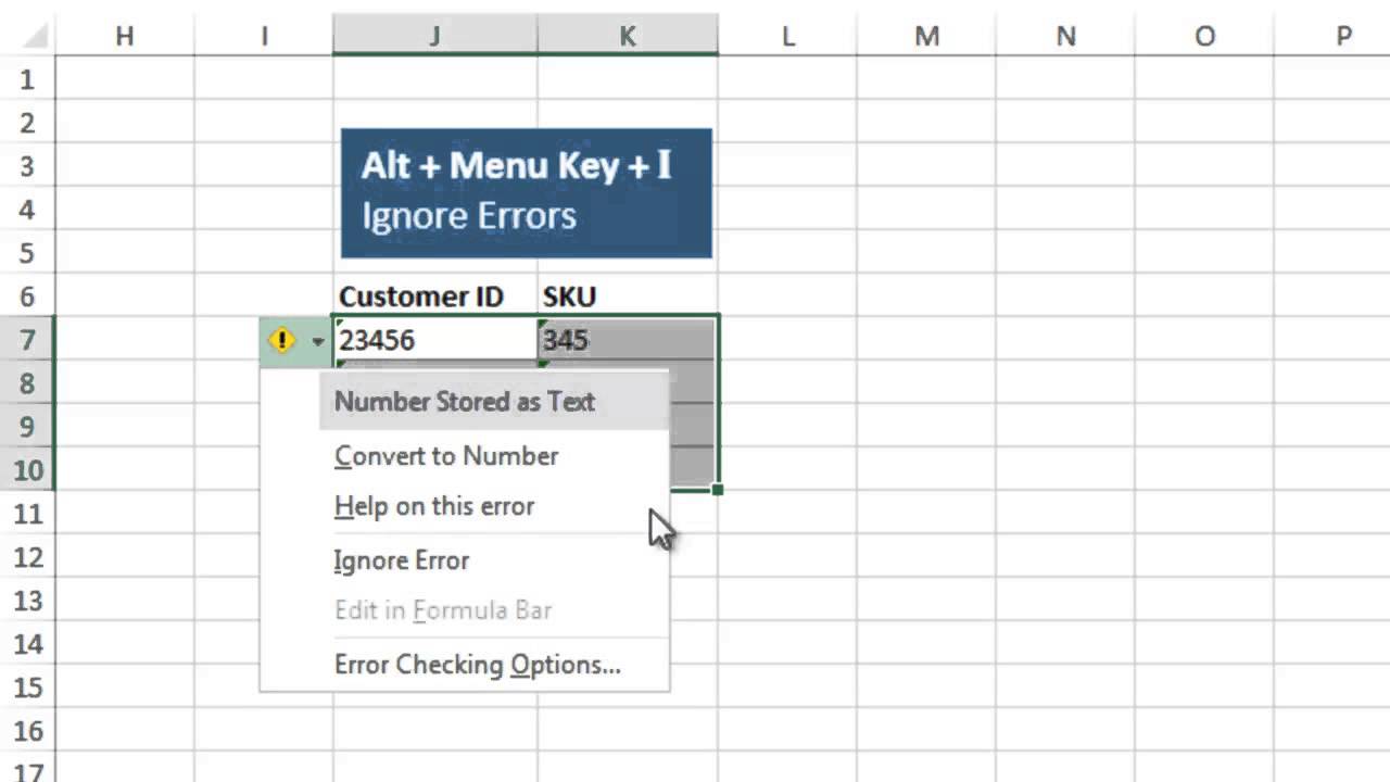 Excel Keyboard Shortcuts For The Menu Key Right Click Context Menu Convert Text To Numbers Ignore Errors Excel Campus