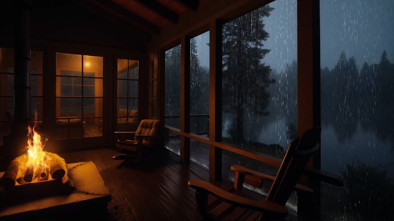 Soothing Nature Sounds in Cabin Porch | Rain by The Lake with Cozy Fire ...