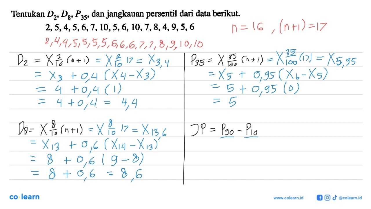 Tentukan D2,D8,P35, dan jangkauan persentil dari data berikut. 2,5,4,5,6,7,10,5,6,10,7,8,4,9,5,6