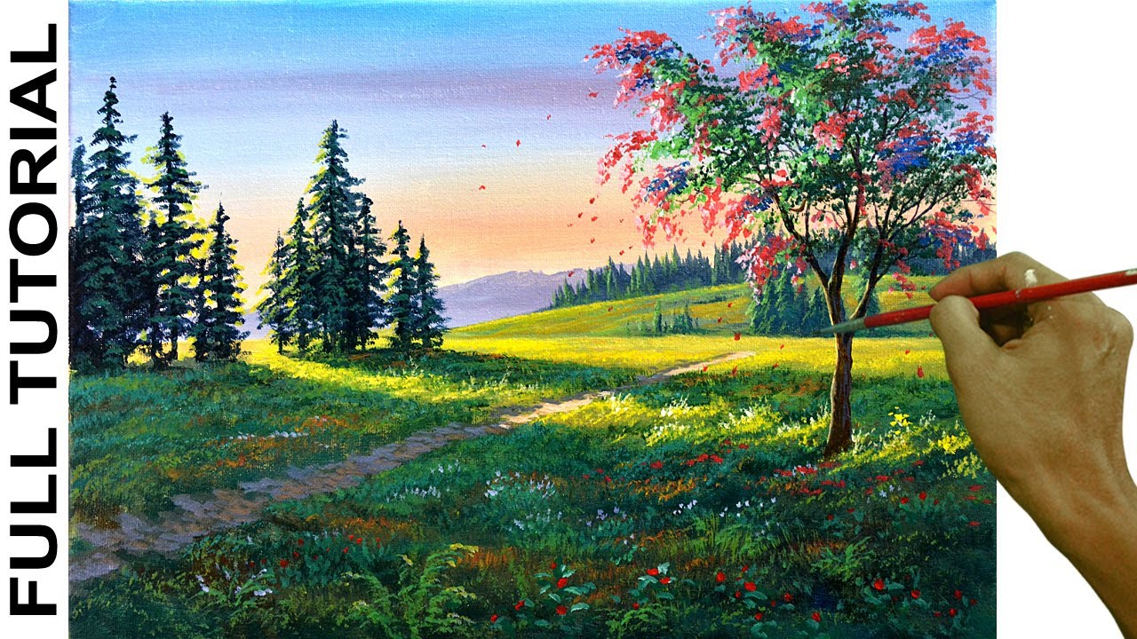 Acrylic Landscape Painting Tutorial / Pink Flowering Tree in ...