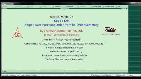 Tally Add On : Auto Purchase Order from Re-Order Summary in Tally.ERP9 software.