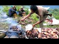 Pork BBQ Making in hot Stone by Villagers || Stone Pork BBQ making and eating in Village