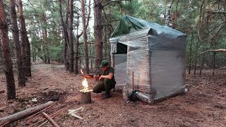 Building a Woodland Cabin with Plastic Wrap, Finnish candle, Bushcraft Shelter