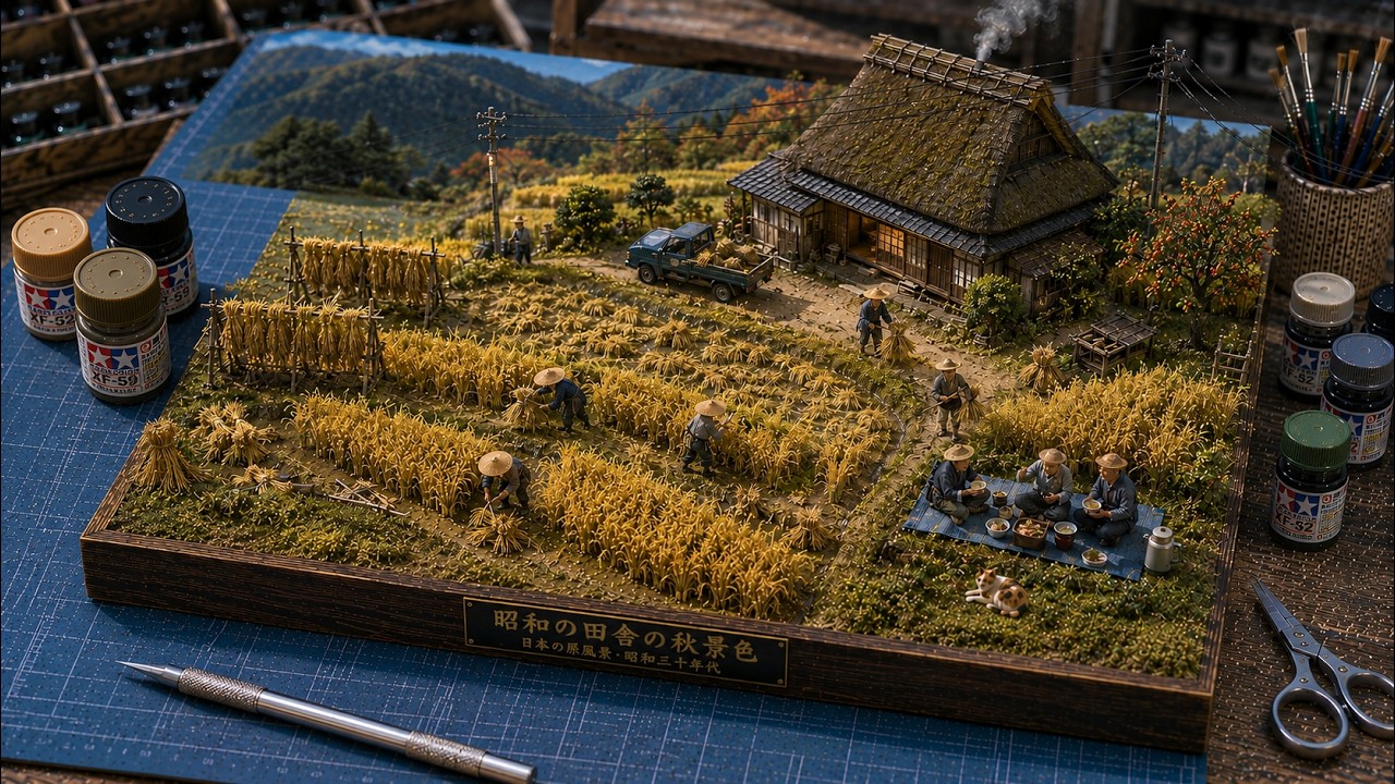 自分たちが模型だと知らない、稲穂が黄金色に輝く昭和レトロな1950年代