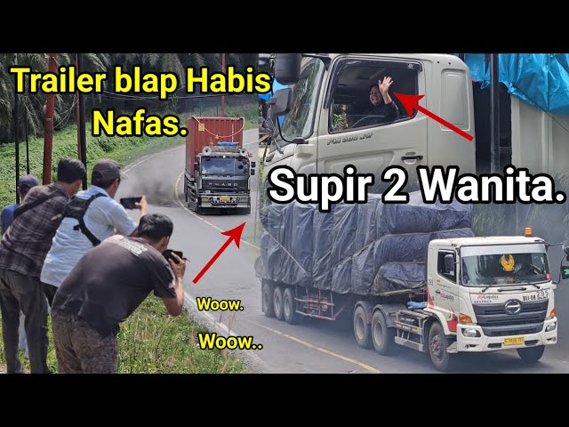Supir Truck Wanita Di Bukit Kodok Truk Trailer Balap Habis Nafas Menanjak.Bus Laka Melintas Di Tarik class=