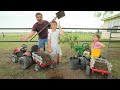 Using tractors to dig in the dirt and plant trees  tractors for kids