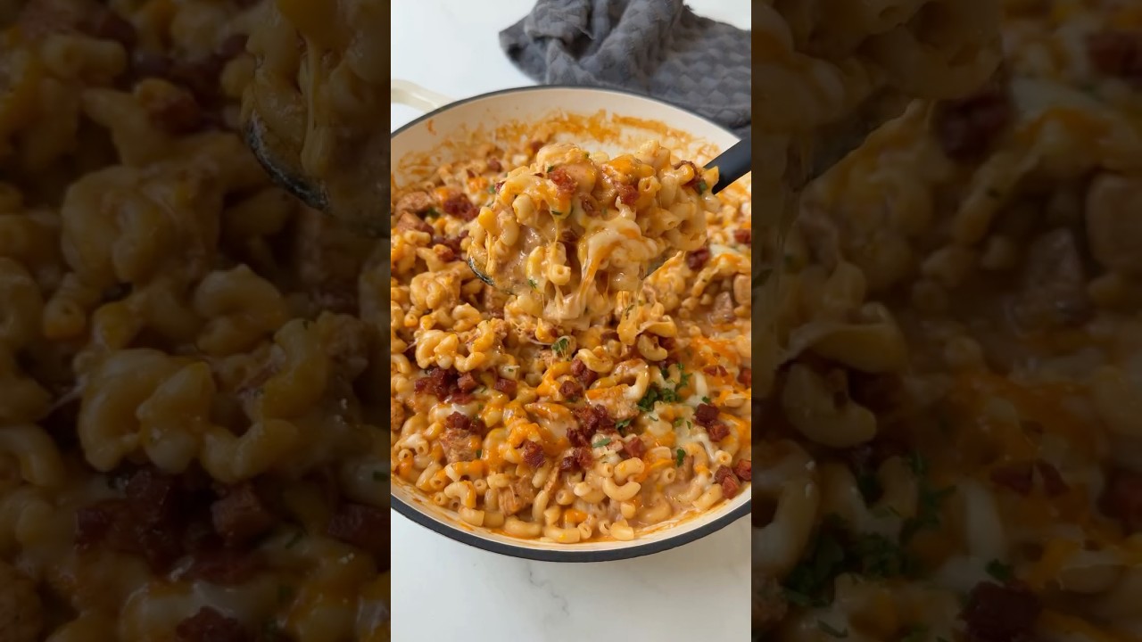 Cajun Chicken & Chorizo Mac & Cheese! Only 588 Calories!🍗🌭🍝#food #shorts #highproteinrecipes