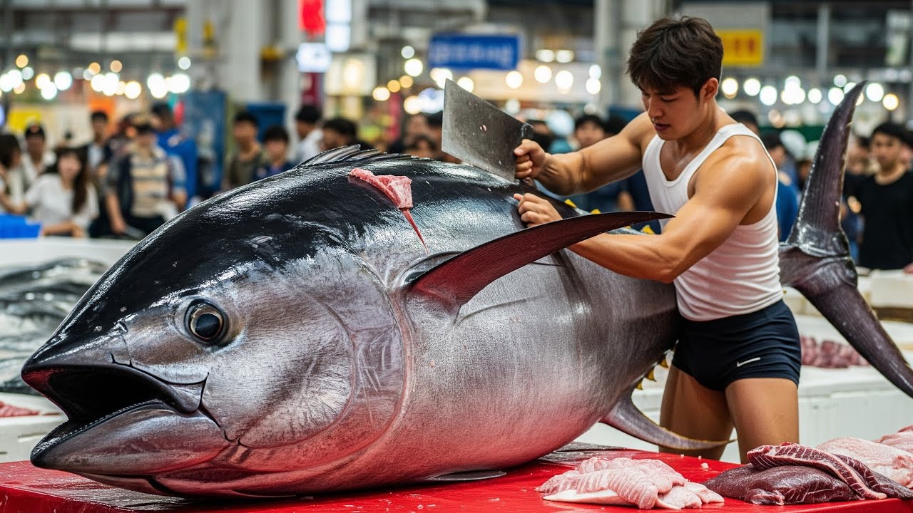 Красавчик против 485 кг морского монстра — синего тунца. Кто кого разрежет? #БитваТунцов