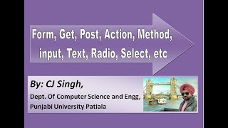 HTML Form, Submit, Get, Post, Action Method, Input, Text, Password, Radio, Option, Select,Button etc