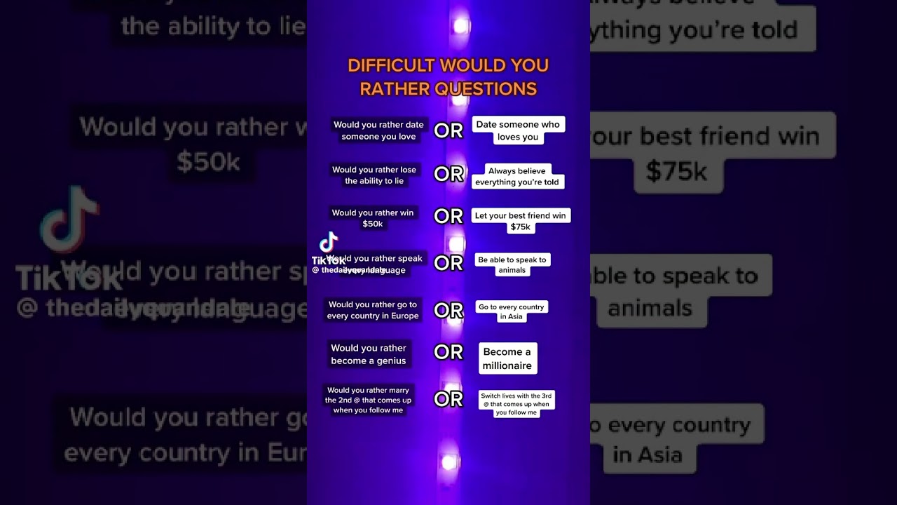 DIFFICULT WOULD YOU RATHER QUESTIONS ( not my vid)