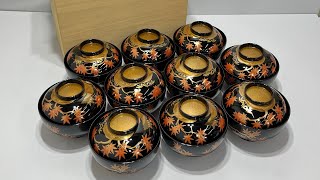 輪島塗 御汁椀 御煮物椀 お盆 セット □ 輪島塗 吸物椀 10客セット 金彩 紅葉 共箱付き 蒔絵 漆器 漆芸 蓋付