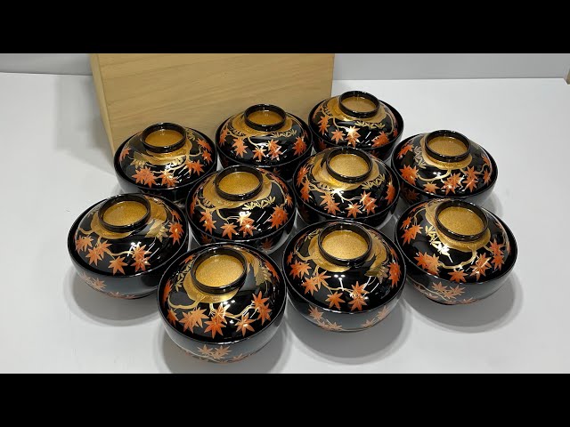 □ 輪島塗 吸物椀 10客セット 金彩 紅葉 共箱付き 蒔絵 漆器 漆芸 蓋付