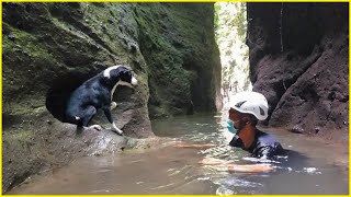 He's crying loudly to ask for help after swept away and tried to paddle on a cliff