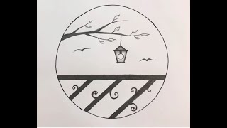 رسم فانوس رمضان معلق بشجرة وراء حافة حديد منظر طبيعى //Drawing of Ramadan lantern hanging from tree