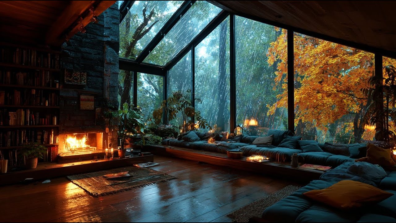 Autumn Rain & Fireplace Sounds | Peaceful Cabin Ambience for Sleep and ...