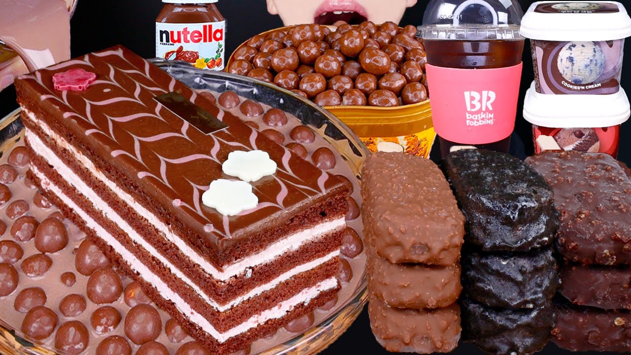 ASMR CHOCOLATE CAKE MALTESERS KITKAT ICE CREAM NUTELLA DESSERT MUKBANG 초콜릿 먹방チョコレート 咀嚼音EATING SOUNDS