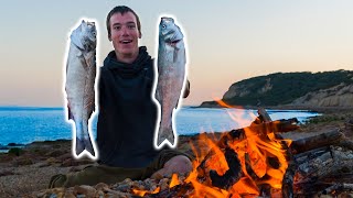 Remote overnight fishing - cooking over campfire, wild camping