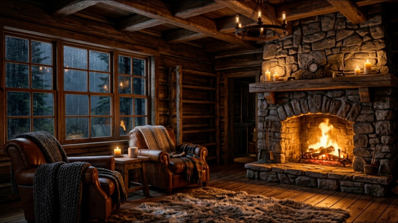 Cozy Cabin Ambience | Crackling Fireplace & Rain Sounds | 2 Hours for ...