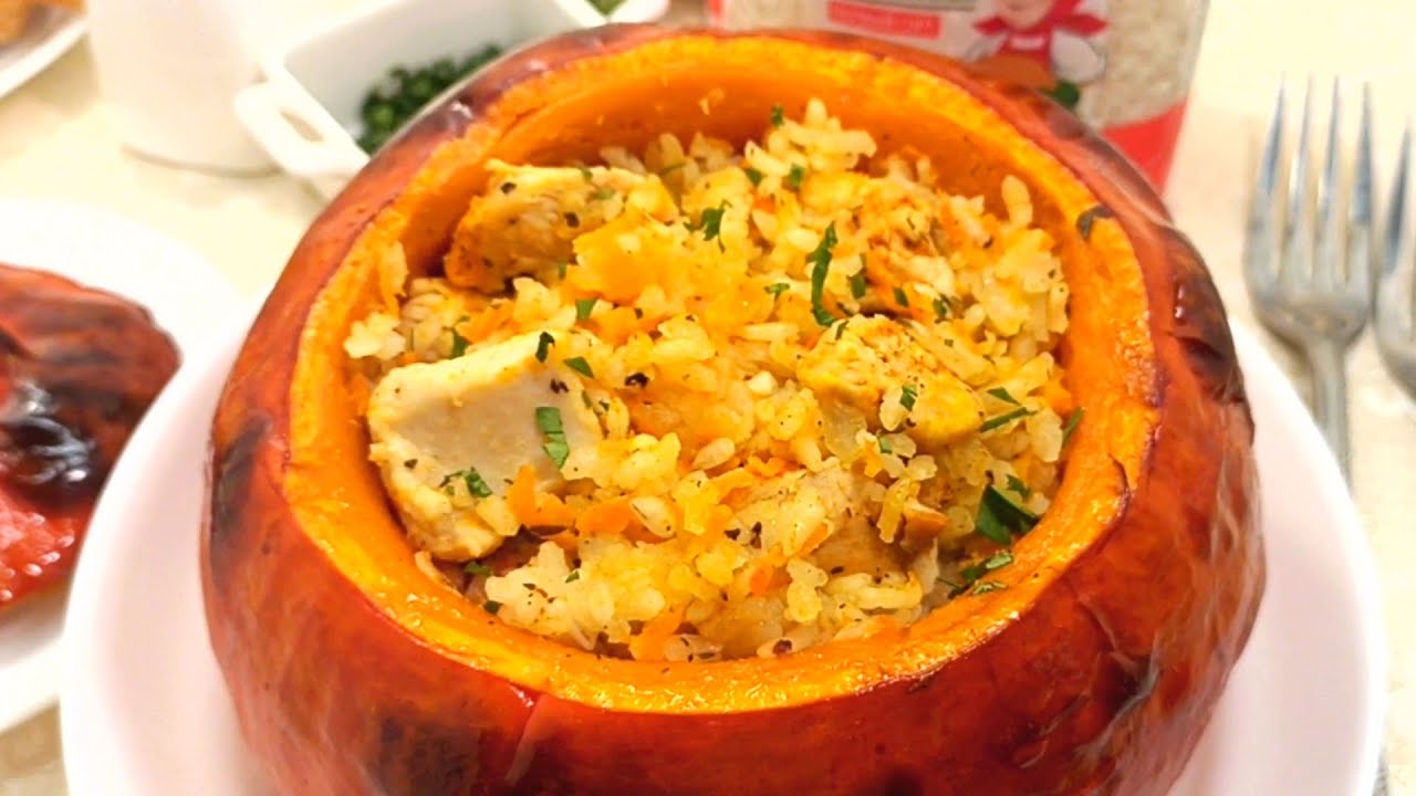 Тыква, фаршированная рисом и курицей, в духовке