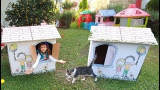 MAHALLEDE YENİ EV, KARTONDAN OYUN EVİNİ BAHÇEYE ÇIKARIYORUZ, LALA BEBEK ve KEDİCİK PONÇİKTE OYNUYOR