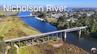 Nicholson River and historic Rail Bridge from the air, Nicholson, Victoria, Australia