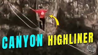 Drone Filming a Guy Walking on a Huge Highline over a Canyon