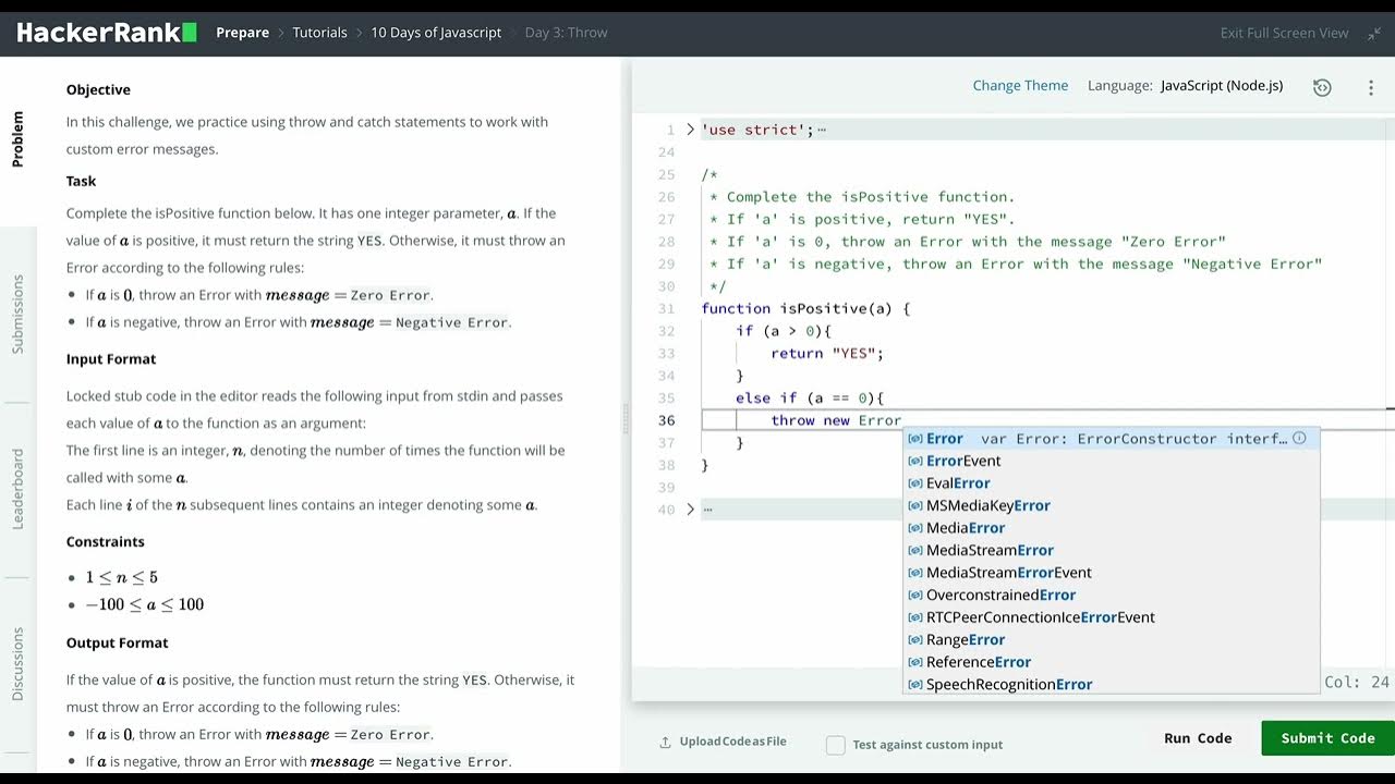 Hackerrank 10 days of javascript day 3 throw youtube