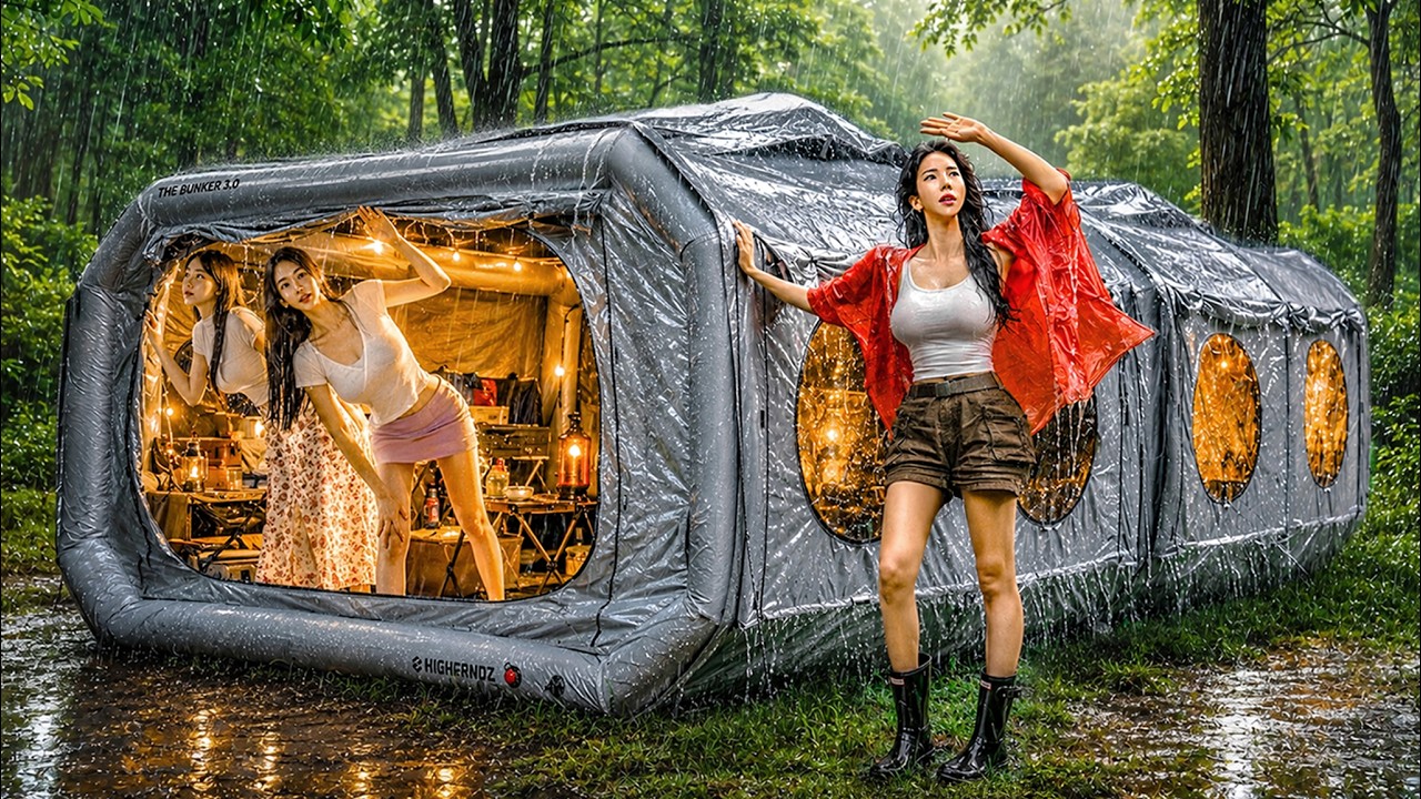 ☔️ HEAVY RAIN CAMPING IN A HUGE 2-ROOM AIR TENT WITH SURPRISE GUESTS