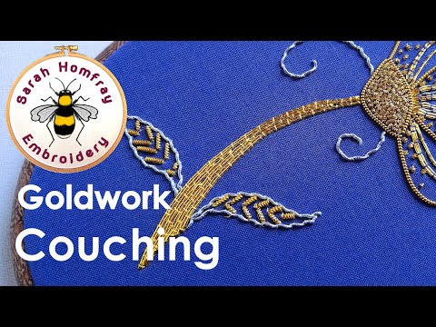 Couching gold threads. Goldwork embroidery for beginners. Goldwork embroidery video tutorial.