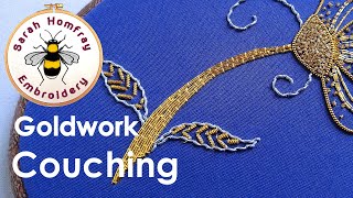 Couching gold threads. Goldwork embroidery for beginners. Flosstube tutorial.