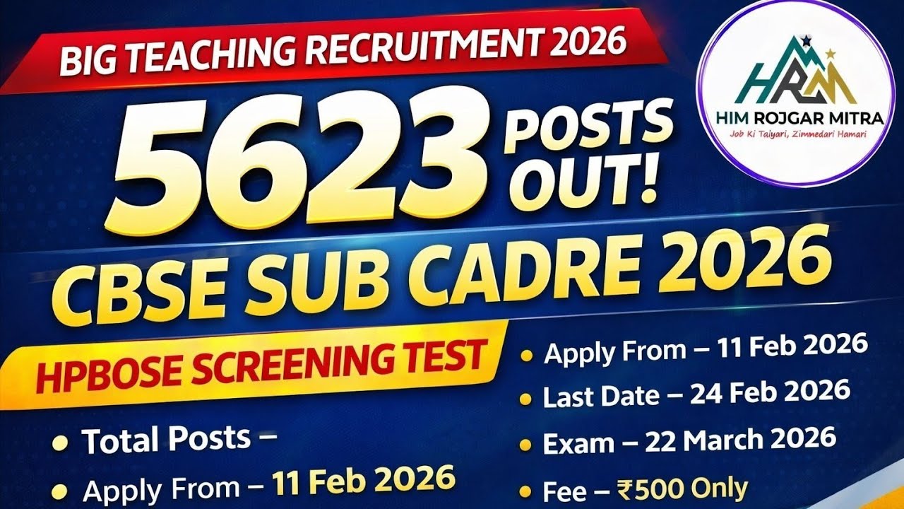 HPBOSE CBSE Sub Cadre Recruitment 2026 | 5623 Posts Out 🔥 Screening Test Notification जारी