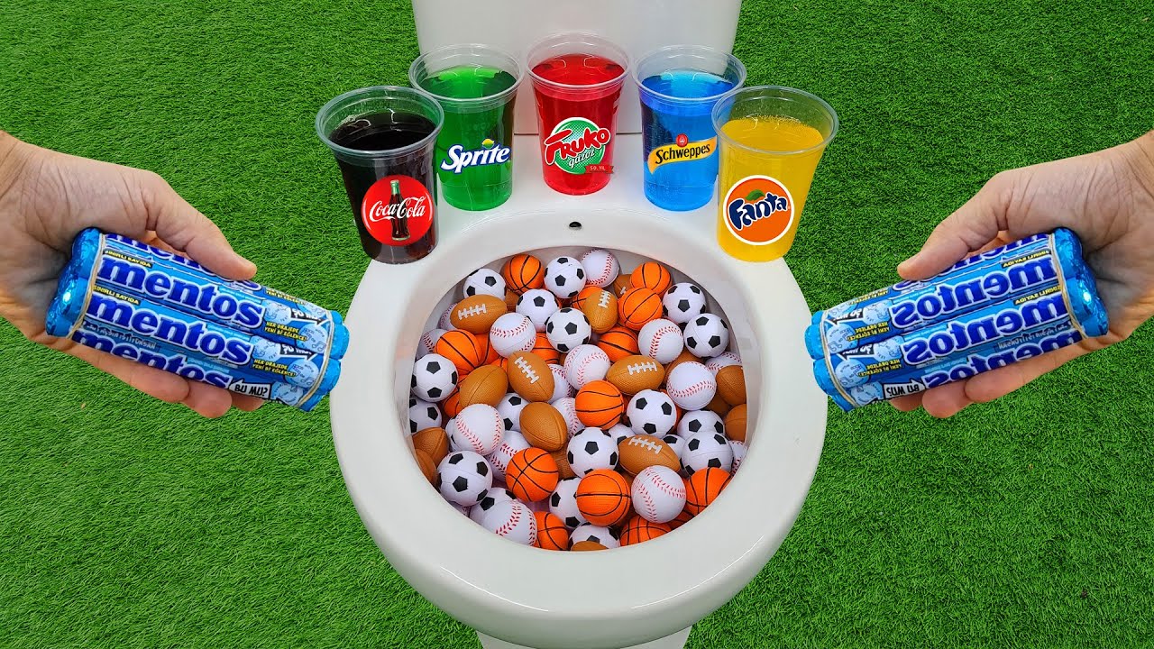 Football, Baseball, Basketball VS Popular Sodas !!! Coca Cola, Fanta, Sprite and Mentos in toilet