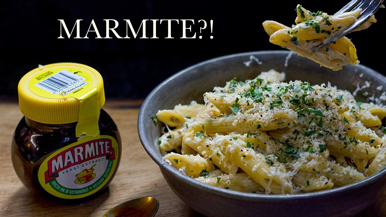 Creamy Marmite Pasta with Garlic, Cheddar & Caramelised Onion