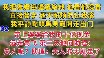續集02來了！我把離婚協議遞給他，他看都沒看直接簽字，還不耐煩的讓我滾，我平靜點頭轉身離開，帶上婆婆給我的十億遠走高飛，第二天他問助理：夫人呢？助理：夫人昨天就走了...