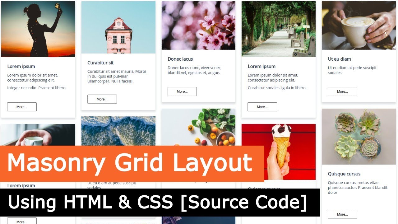 Masonry Grid Layout Using Only HTML & CSS | Masonry Cards CSS Grid with Buttons With Source Code