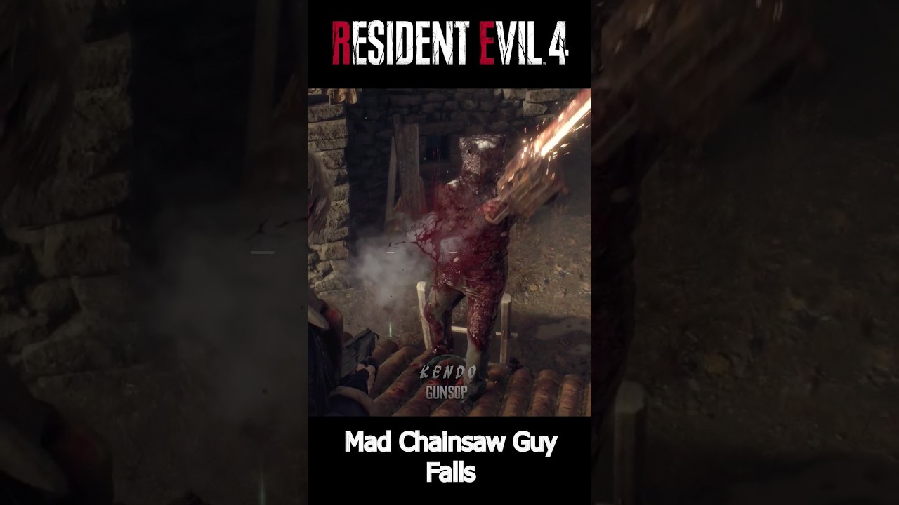 The Mad Chainsaw Guy falls from the ladder - RESIDENT EVIL 4 REMAKE Gameplay
