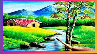 Easy Landscape Painting || How To Make Easy Acrylic Painting  || Easy Village Painting Idias