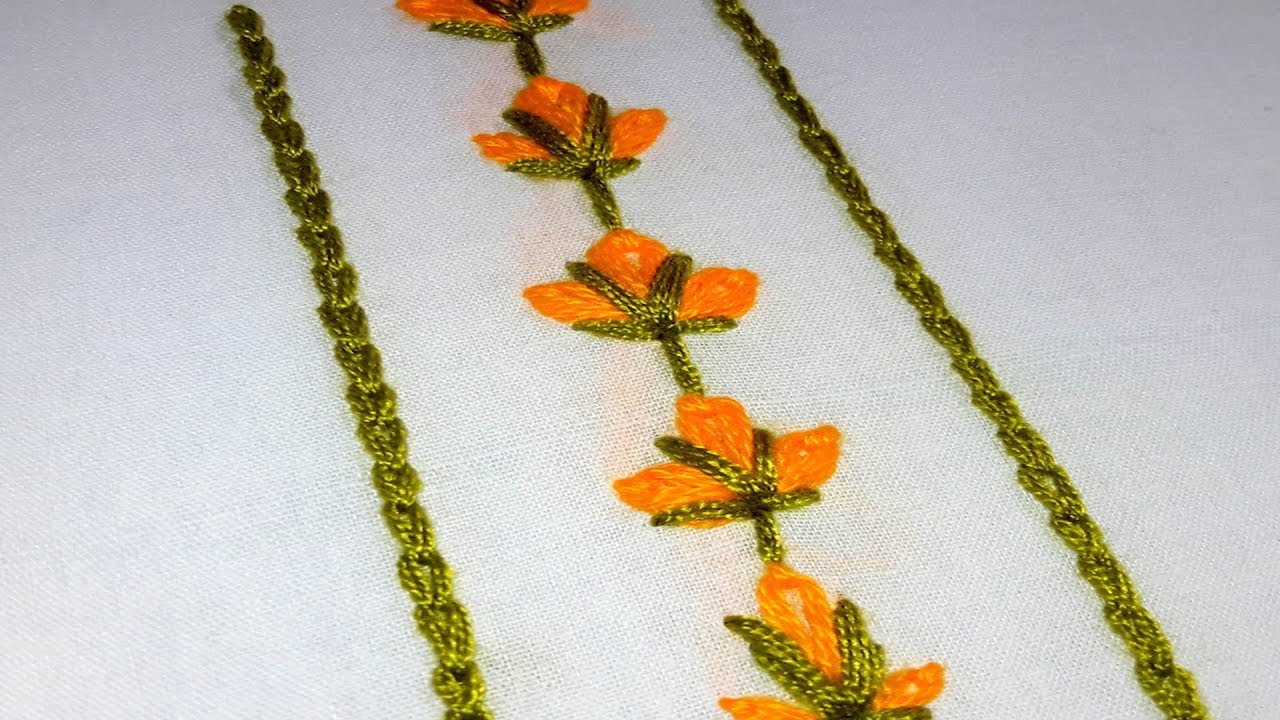 Hand embroidery : lazy daisy stitch border design. - YouTube