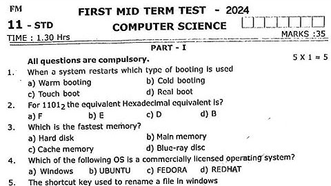 11th EM Computer Science First Midterm Original Question Paper 2024