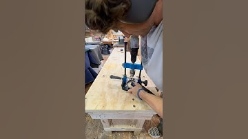 Using the @rockler drill guide to add bench dog holes to our work bench ✨ #woodworking